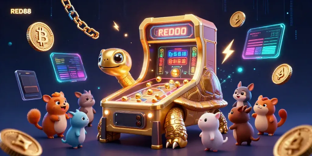 Engage with RED88's thrilling gaming experience illustrated through a vibrant 3D scene of a golden tortoise and energetic crypto elements.