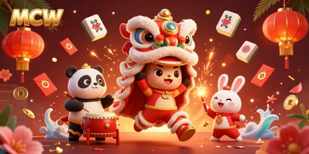 Experience thrilling casino gaming with MCW, featuring vibrant lion dance and festive elements.