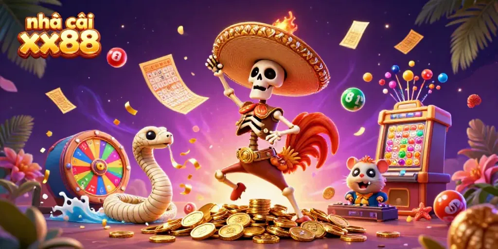 Experience the excitement at nhà cái xx88 with vibrant characters dancing on gold coins, celebrating winning moments.