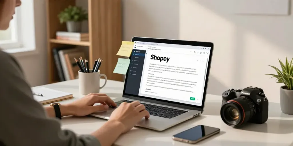 Content creator using an AI Shopify product descriptions generator in a modern workspace with warm lighting.