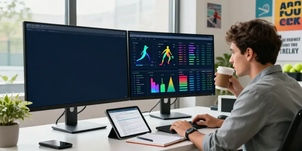 Tennis prediction algorithm analytics workspace with live data displays and analyst focused on performance metrics.