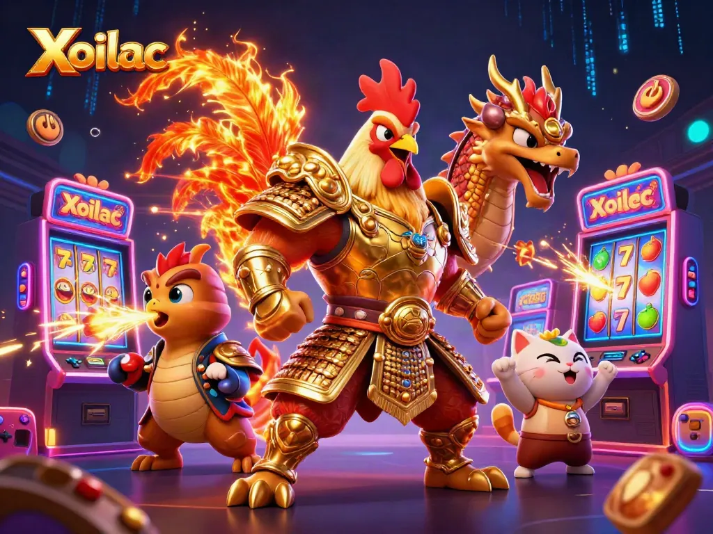 Xoilac showcases a vibrant 3D scene with a fighting rooster warrior beside a dragon hatchling, surrounded by colorful slot machines.