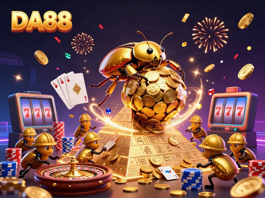 DA88 illustration of a golden beetle rolling a coin ball amid festive casino elements