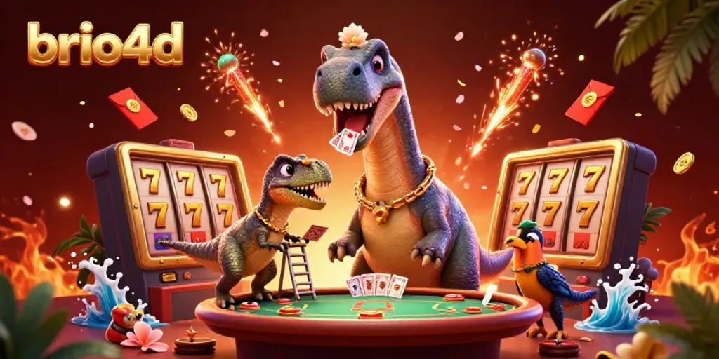 brio4d features an energetic scene with a giant brontosaurus and clever raptor dealing cards.