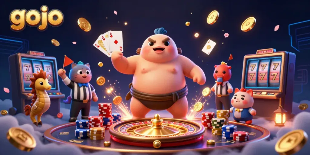 Engaging Gojo casino illustration featuring a fugu in a sumo outfit amidst dynamic gambling elements.