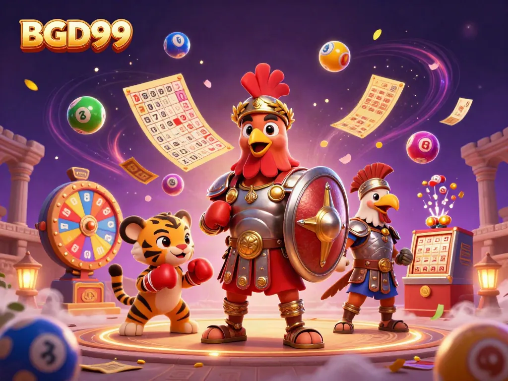 Experience the thrill of BGD99 with vibrant lottery balls, a rooster gladiator, and dynamic casino elements.