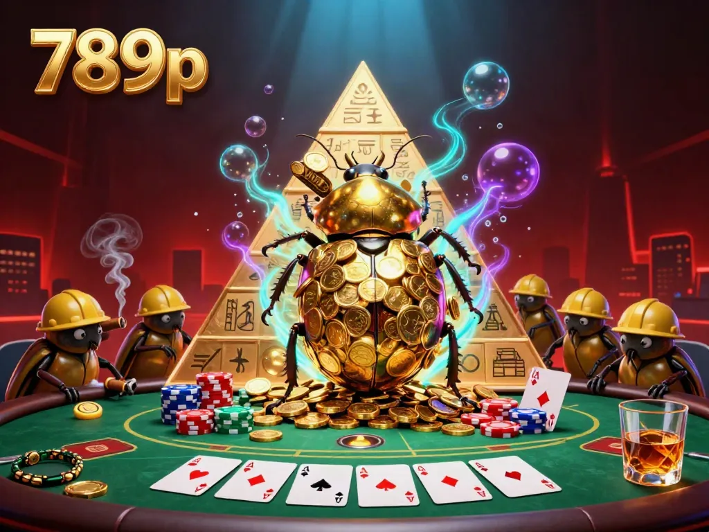 Engage with the thrilling 789p casino atmosphere featuring golden beetles and poker elements.