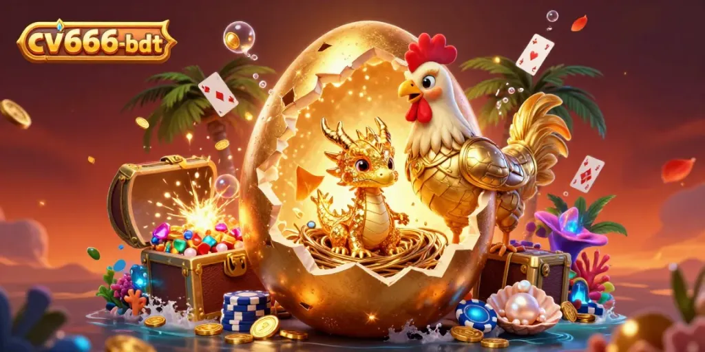Experience the thrill of cv666-bdt with a golden dragon and poker chips in a vibrant casino scene.