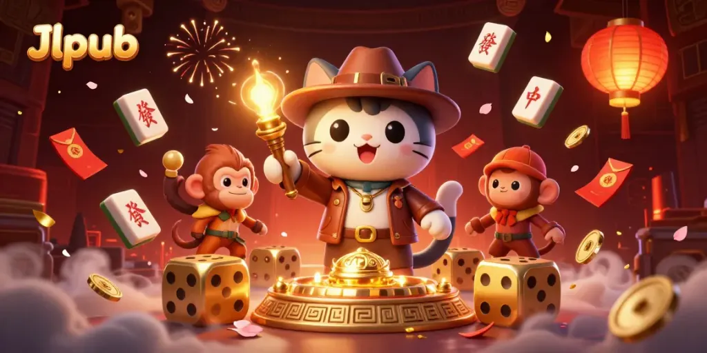 Engage with Jlpub's vibrant casino adventure featuring an explorer cat, monkey companion, and golden artifacts.