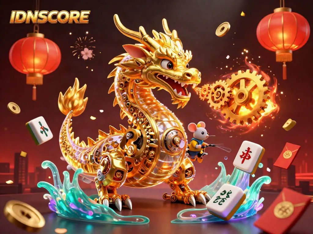 Experience the excitement of IDNSCORE with a dramatic scene of a golden dragon amidst dazzling casino elements.