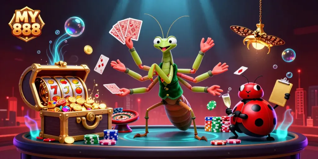 Engage in thrilling gameplay at MY 888 with colorful slot reels, lively creatures, and festive casino elements.