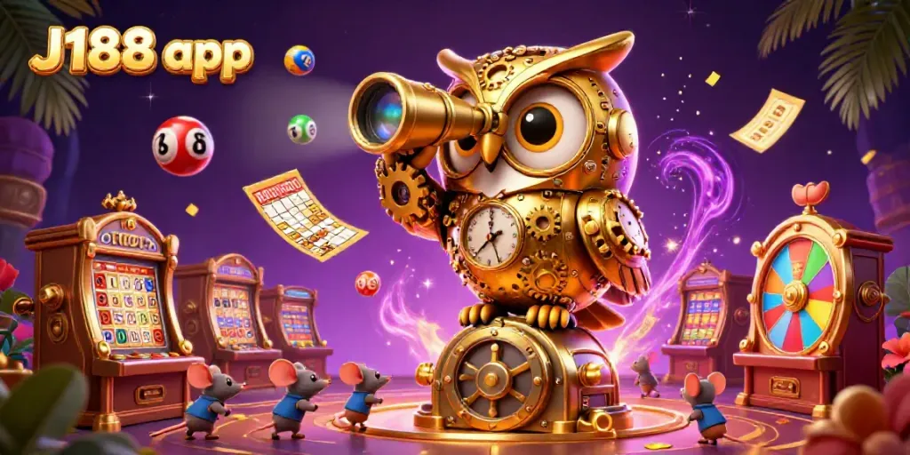 Experience the exciting J188 app with a vibrant casino scene featuring a golden owl and dynamic lottery elements.