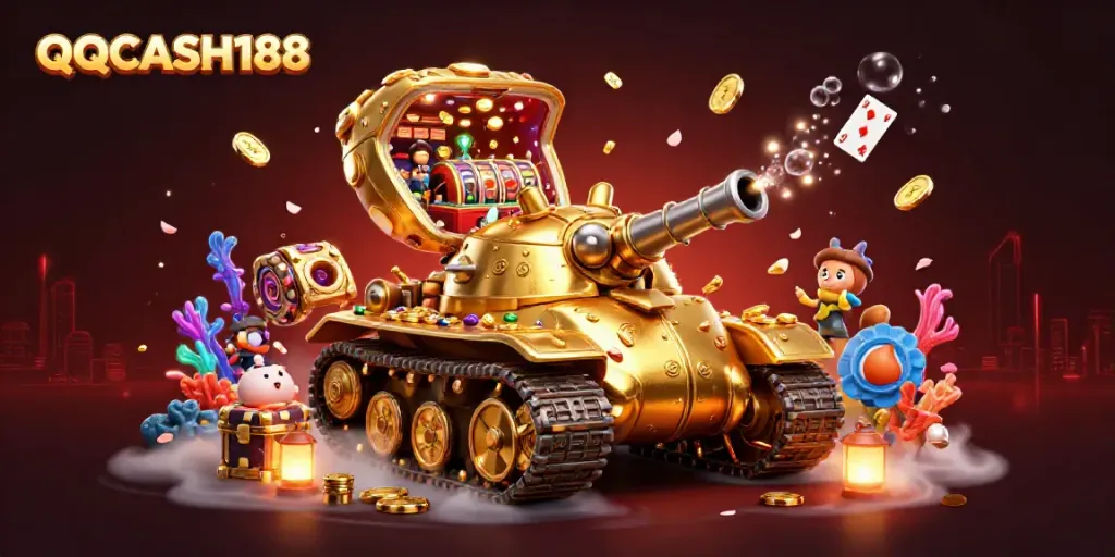 Join the excitement at QQCASH188 with a vibrant digital casino tank and floating slot reels.