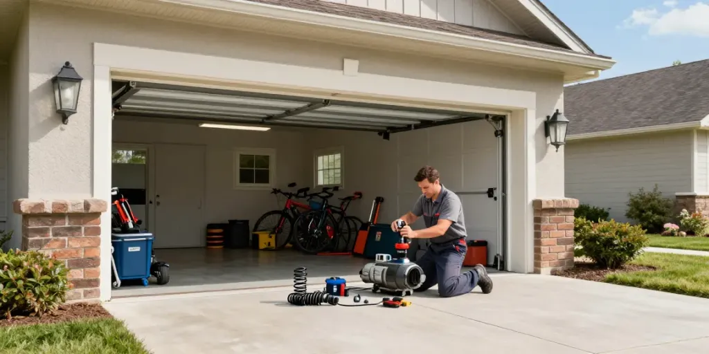 Technician providing quality garage door services in a suburban garage setting, highlighting technical precision.