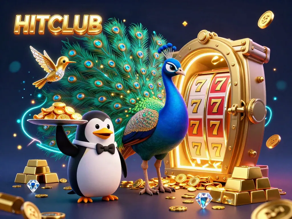 Experience vibrant HITCLUB gameplay with a peacock, penguin, and hummingbird surrounded by slots and gold treasures.