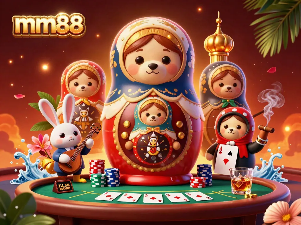 Experience thrilling casino excitement with mm88 as a cartoon bear unveils hidden dealer bears in a vibrant scene.