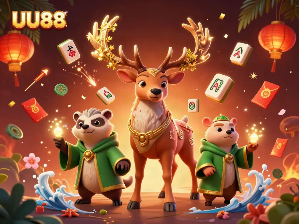 Engage with UU88 through this vibrant scene showcasing a Celtic druid stag and badger in a lively casino setting.