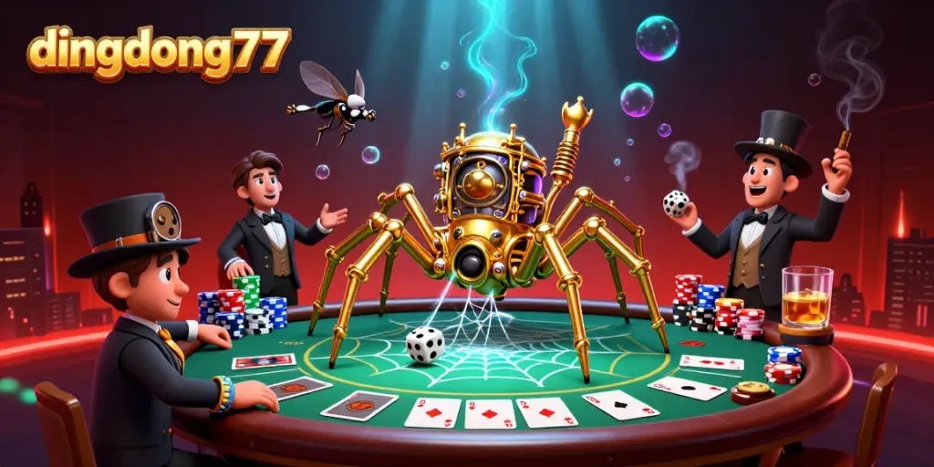 Dive into thrilling action at dingdong77 with a steampunk spider and poker elements creating excitement.