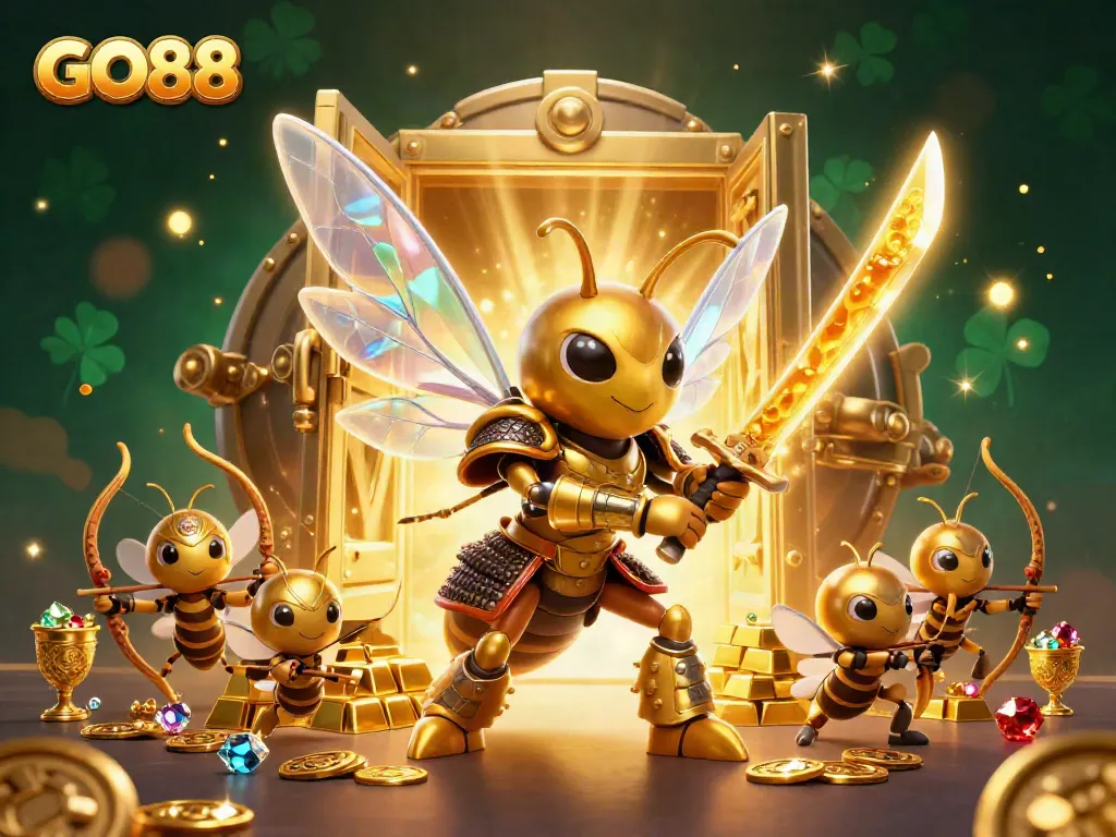 GO88's dynamic scene with a hornet samurai and bee archers amidst treasure and sparkling jewels.