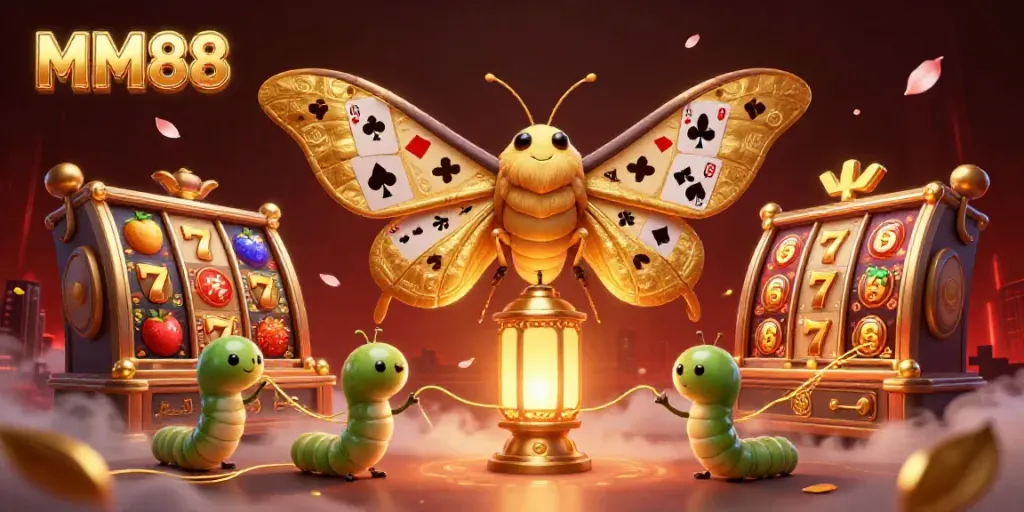 Engaging MM88 casino illustration featuring a moth amidst lavish casino elements.