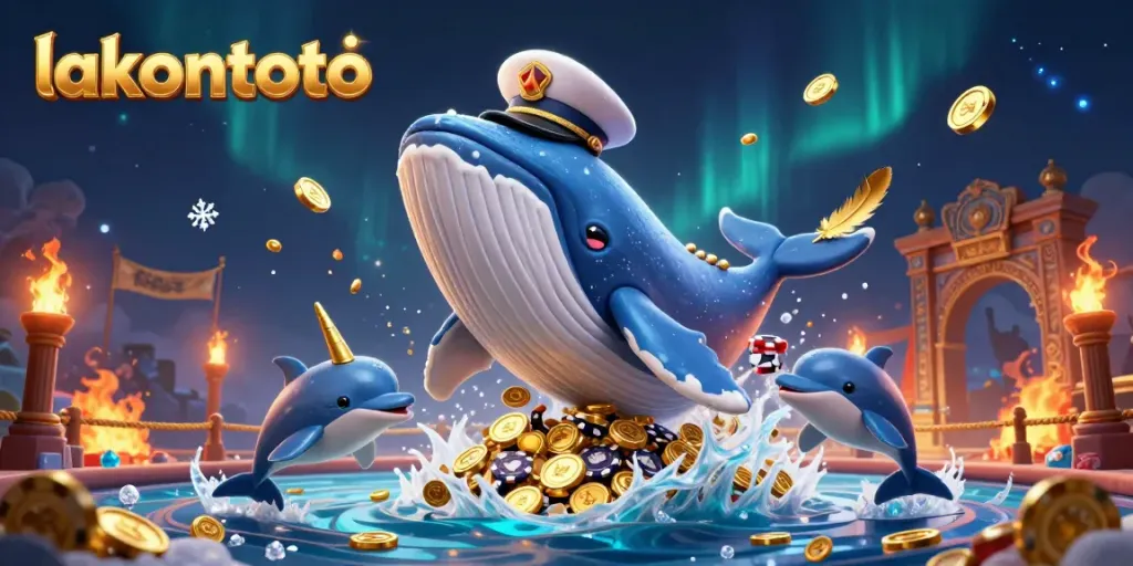 Menangkan kontes dengan lakontoto, ikan paus kartun besar menyerbu lautan koin dalam adegan yang dinamis.