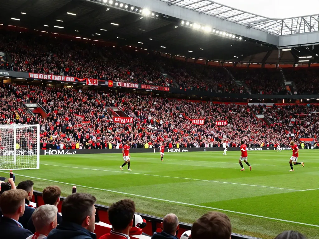 Exciting moment of แมนยู vs ลิเวอร์พูล football match with fans cheering and players competing.