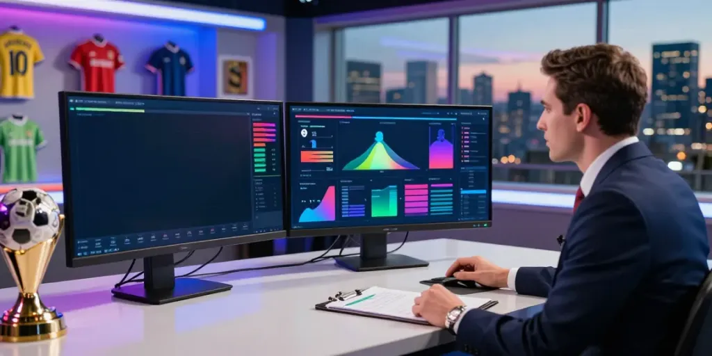 ข่าวซื้อขายนักเตะ analysis in a vibrant football studio with player stats displayed.