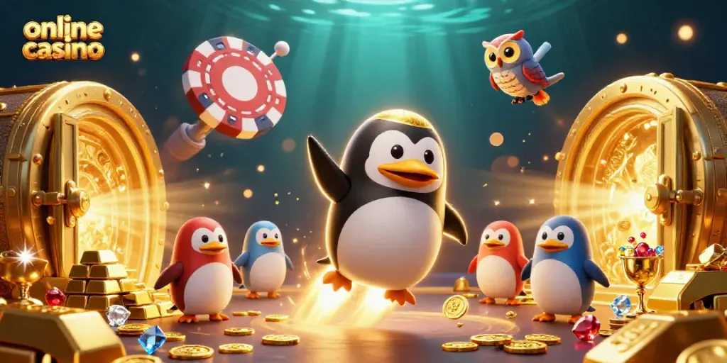 Experience the thrill of online casino gaming in this vibrant 3D illustration featuring a golden penguin and a poker chip space station.