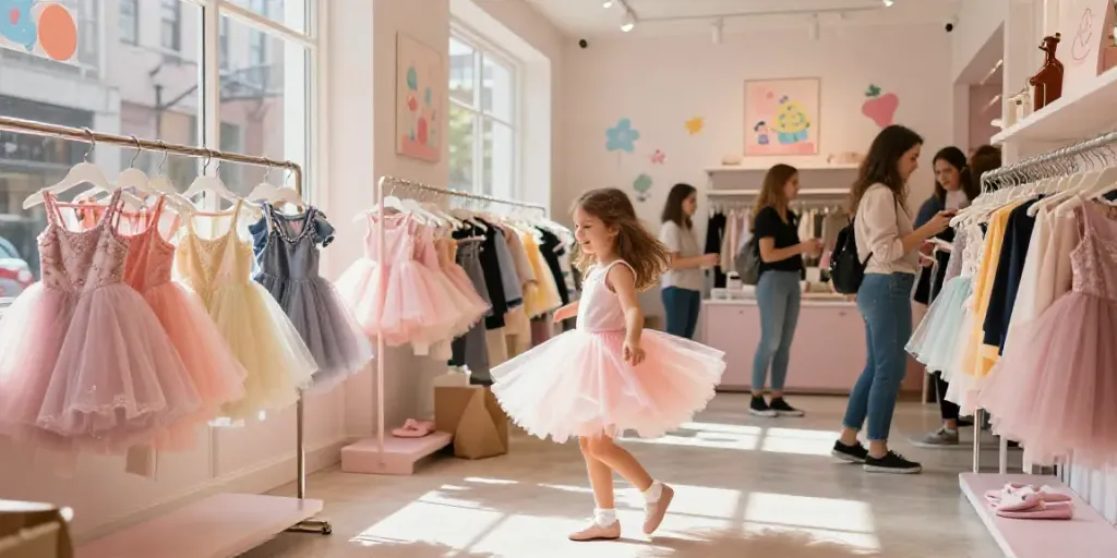 A joyful child in a tutu exploring a vibrant tutu store, surrounded by colorful displays and warm ambiance.