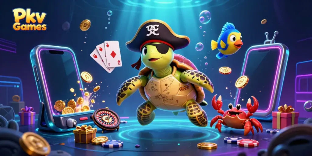 Engage with Pkv Games in a vibrant underwater casino world filled with animated characters and treasure.