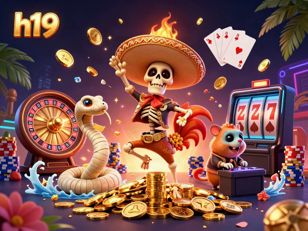 Experience vibrant h19 casino excitement with lively 3D characters and dynamic gold elements.