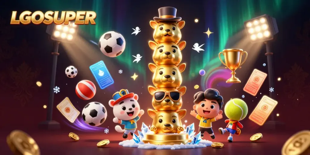 Engage with LGOSUPER's vibrant 3D illustration of a golden totem pole surrounded by dynamic sports elements.