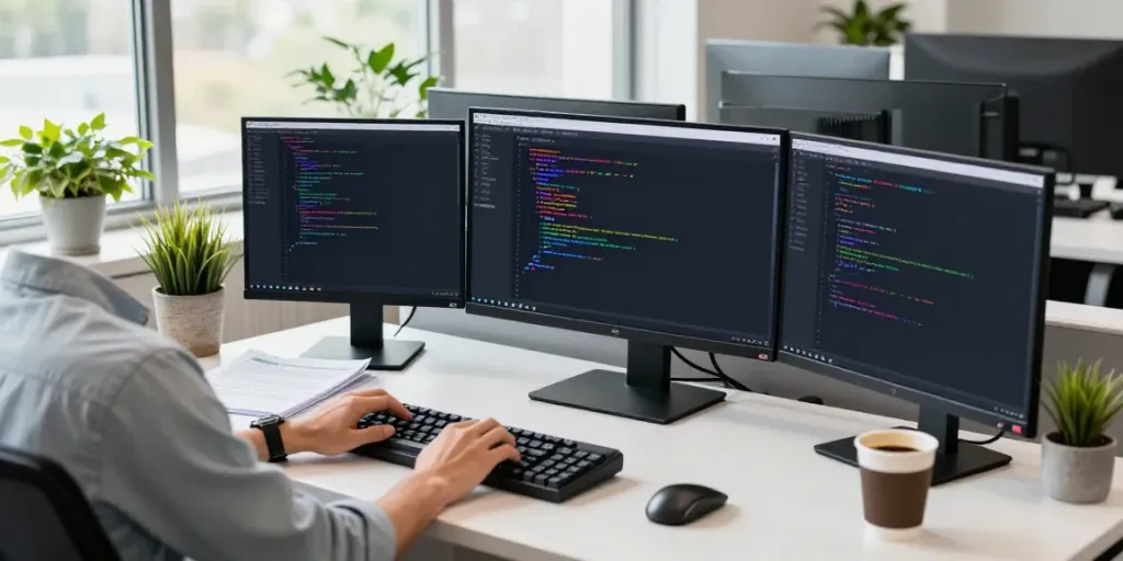 Developer using Notepad++ in a well-lit modern workspace at https://notepad-app.co/ with multiple monitors and coding tools.