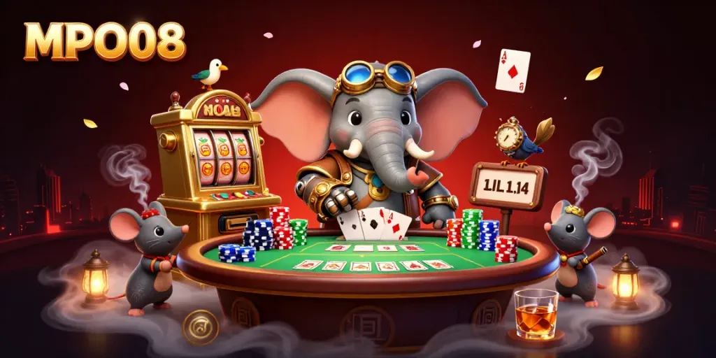 Engage with MPO08's vibrant slot machine gameplay, illustrated with captivating steampunk elements.