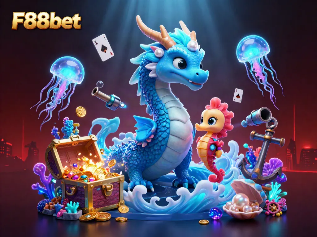 Join the adventure at F88bet with a vibrant underwater casino scene featuring a mystical dragon and glowing jellyfish.
