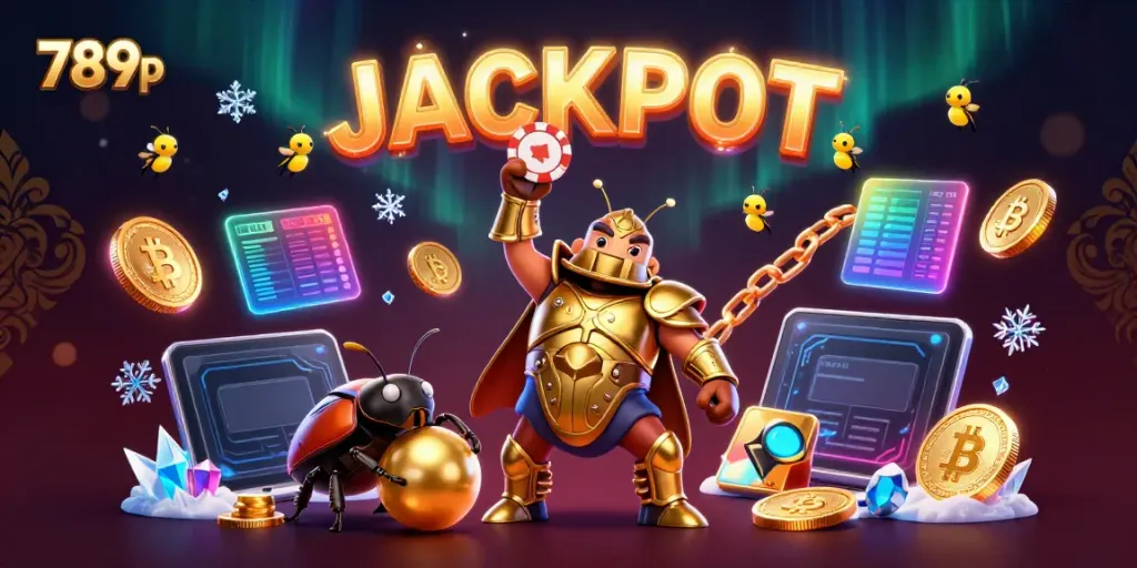 Engage with 789p through a thrilling 3D jackpot scene featuring creative characters and casino elements.