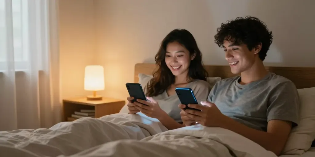Couple engaging in ai sexting with smartphones in a cozy bedroom.