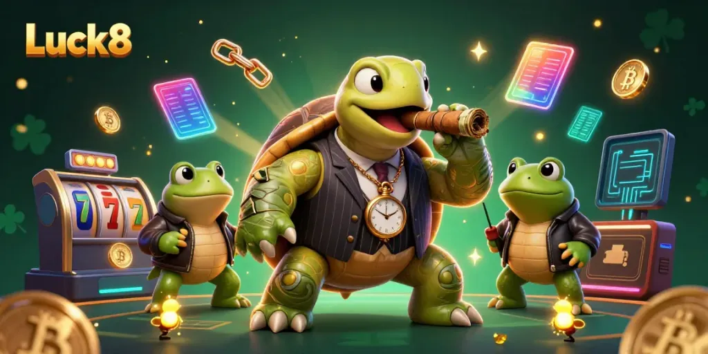 Experience thrilling gameplay at Luck8 with vibrant casino characters and dynamic slot elements.