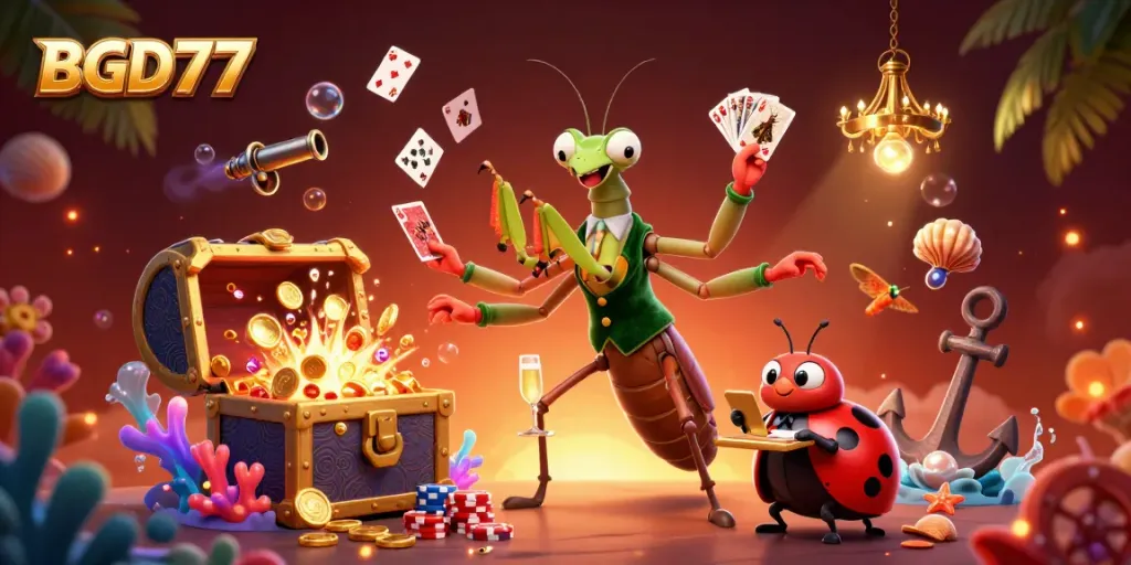 Experience thrilling gameplay with BGD77's vibrant casino scene filled with cards, chips, and treasures.