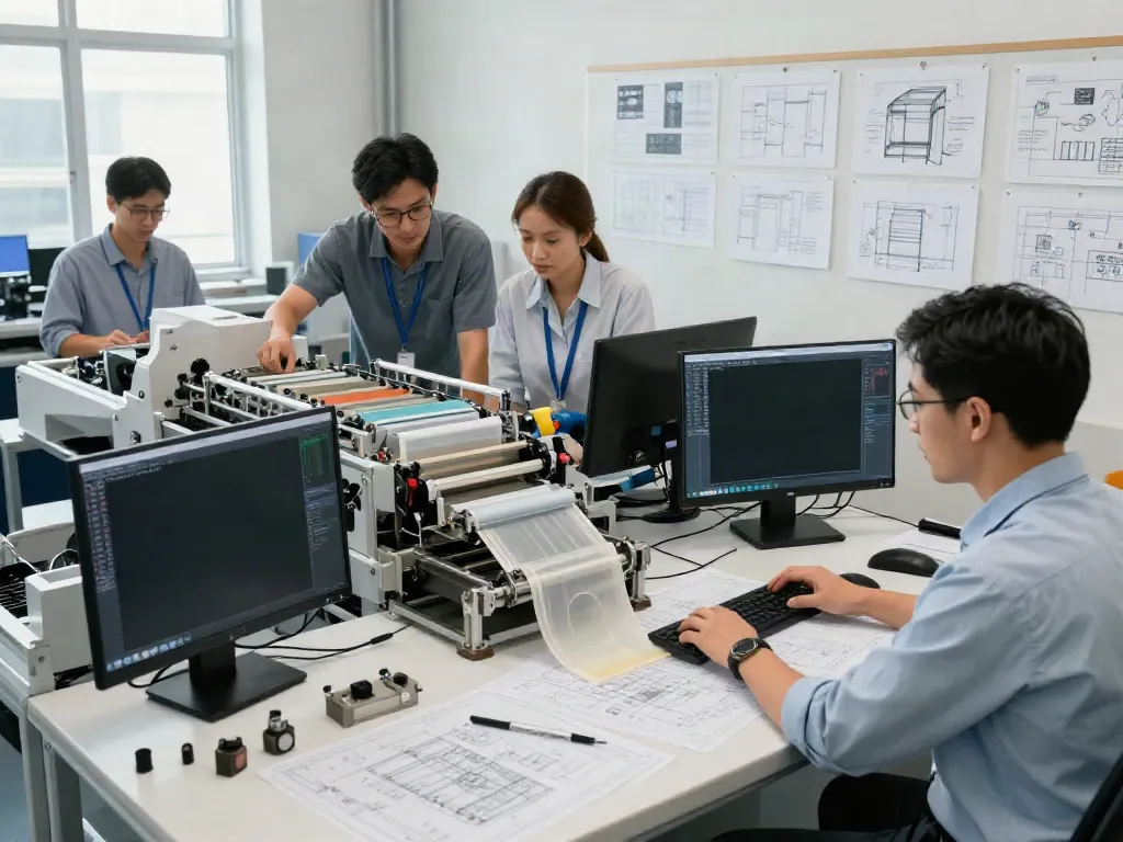 Engineers collaborating on packaging machinery design in a bright, professional workspace.
