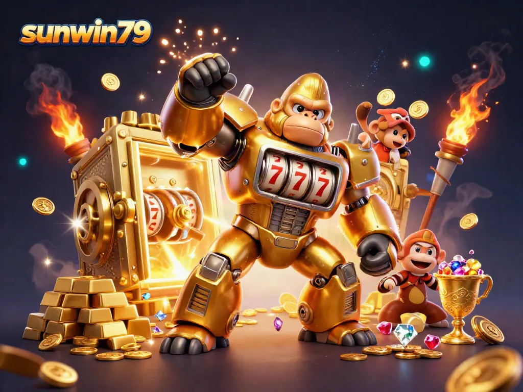 Experience the excitement of sunwin79 with a golden gorilla mech participating in a vibrant casino scene.