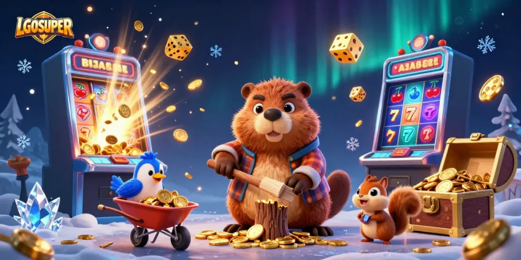 LGOSUPER presents a vibrant scene with characters collecting coins from a slot machine jackpot.
