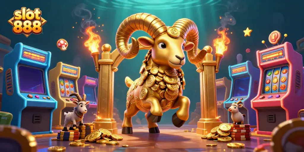 Engage with slot 888 as a golden ram charges through a dynamic casino scene filled with vivid gaming elements.