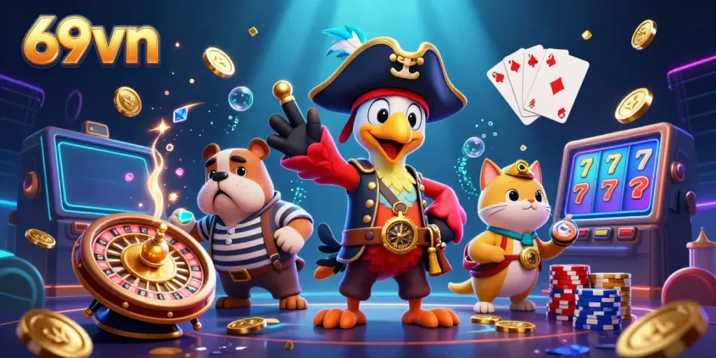 Experience thrilling gaming action in 69vn with a vibrant 3D pirate-themed casino scene bursting with rewards.