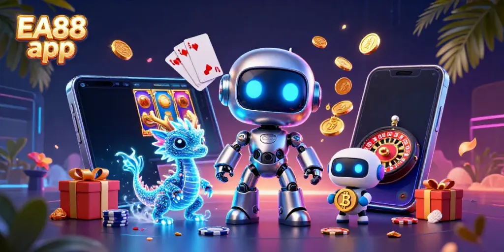 Engage with the EA88 app for thrilling casino experiences featuring a cyberpunk robot, dragon, and dynamic gameplay elements.