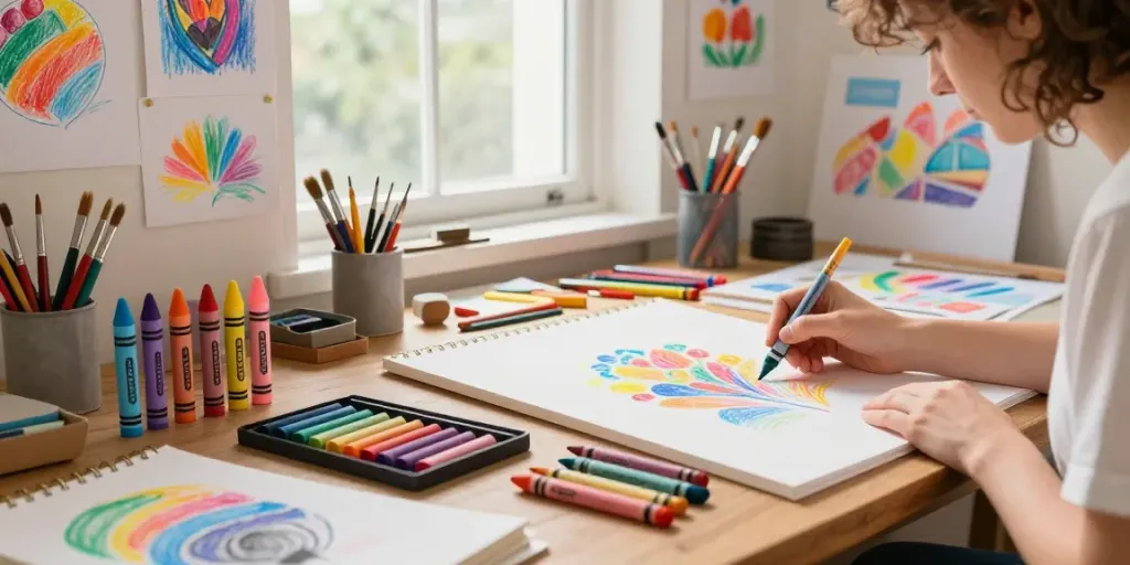Artist creating vibrant crayon illustrations in a professional art studio, showcasing crayon manufacturers' diverse products.