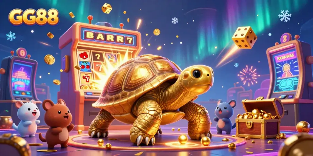 Engage in thrilling jackpots at GG88 with vibrant 3D visuals of golden tortoise and casino elements.