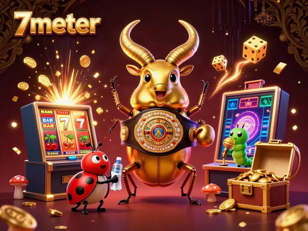 Experience thrilling wins with 7meter's vibrant gaming scene featuring cartoon characters and jackpot elements.