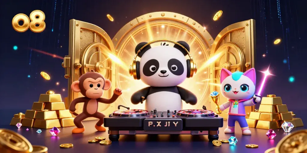 Experience the excitement of o8 with a DJ panda spinning roulette and vibrant animals dancing in a rich, colorful casino scene.