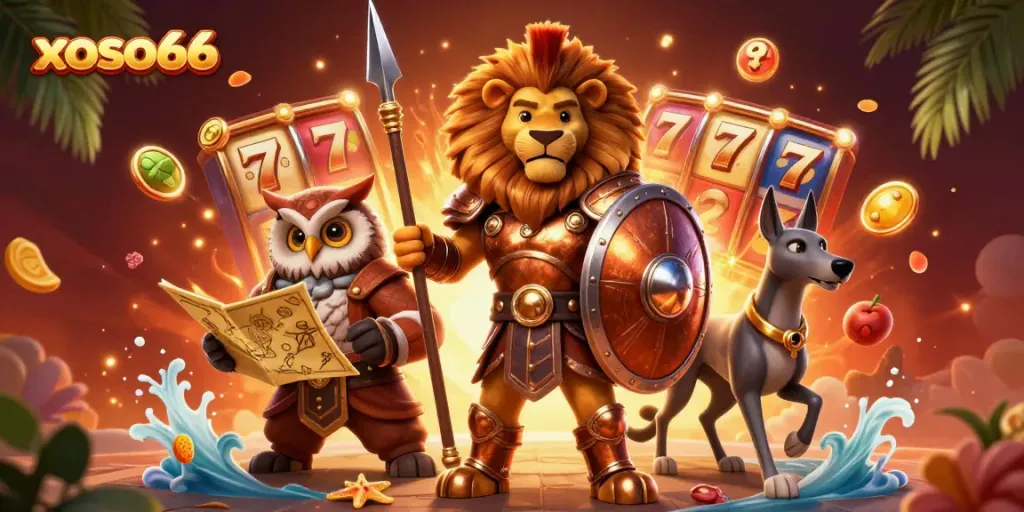 Engage in thrilling xoso66 slot action with this vibrant 3D illustration featuring a heroic Spartan lion and dynamic game elements.